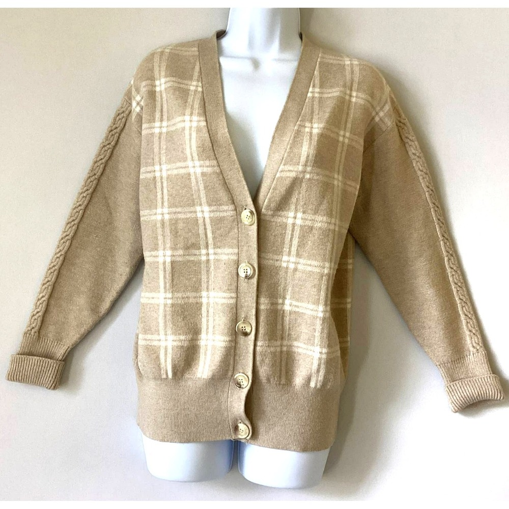 Joie Sweater Cardigan Sweater Womens Extra Small Tan Windowpane Clueless